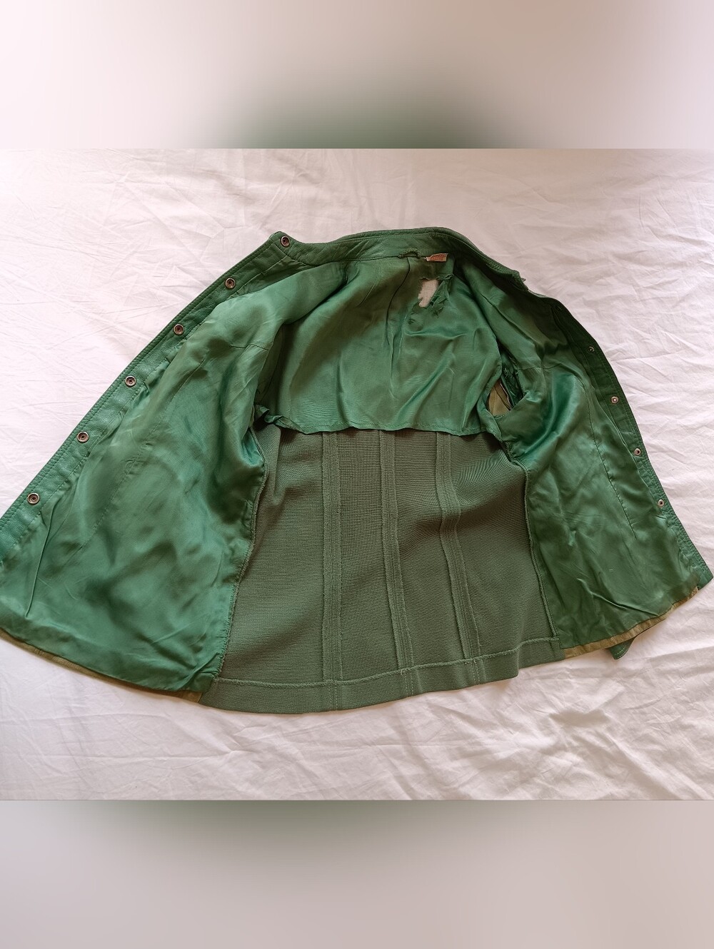Rare True Vintage 70s Multi Tone Green Suede Leather Knit Back Tailored Jacket - Picture 9 of 12